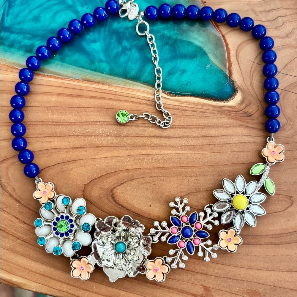 Lia Sophia Silver Full Bloom Blue Beaded Crystal Floral Bib Statement Necklace